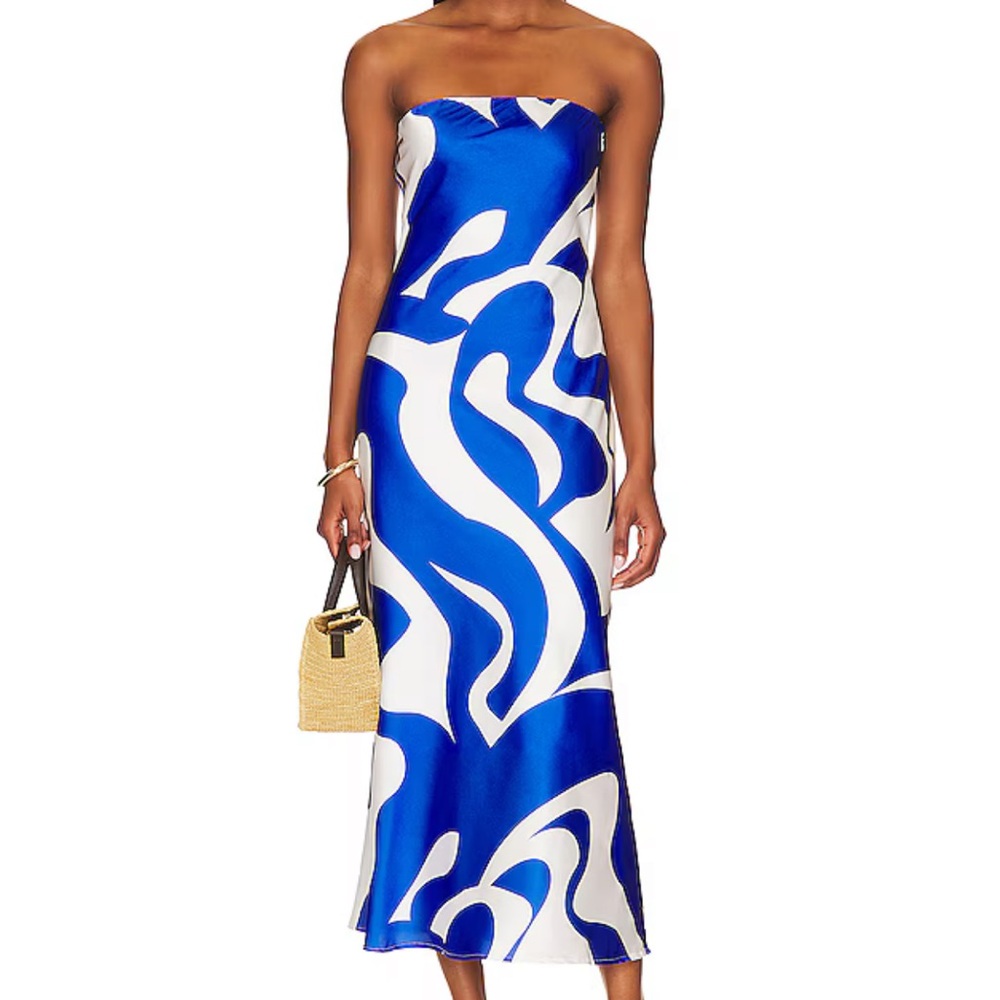 Strapless Royal Blue & White Abstract Midi Dress